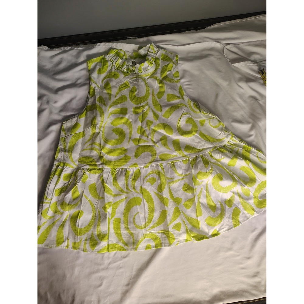 Prosperina Lime Green White Abstract Ruffle Neck Peplum Top Blouse PR1195T M